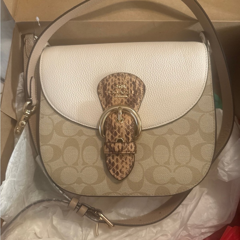 Coach Signature Canvas Saddle Crossbody in Cream, Tan & Brown